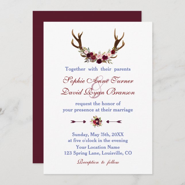 Convite Casamento Rustic Burgundy Marsala Floral Antlers (Frente/Verso)