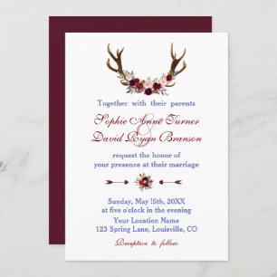 Convite Casamento Rustic Burgundy Marsala Floral Antlers