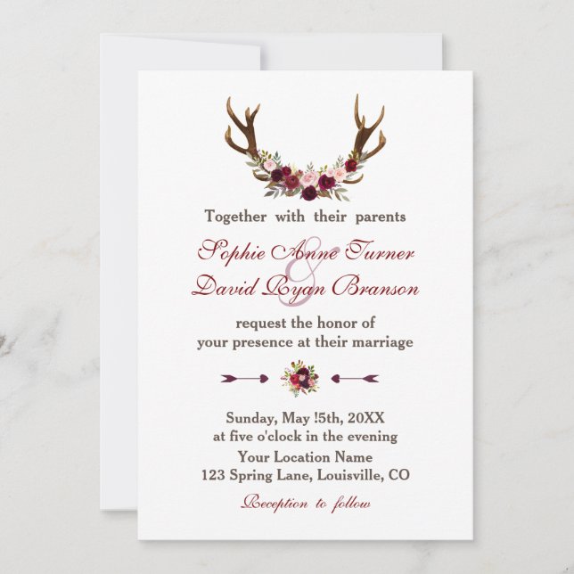 Convite Casamento Rustic Burgundy Marsala Floral Antlers (Frente)