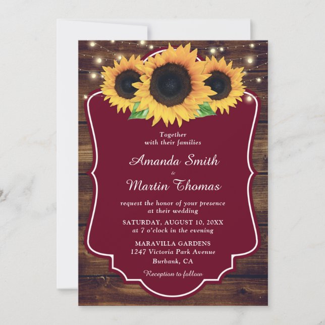 Convite Casamento Rustic Burgundy Sunflower Greenery (Frente)