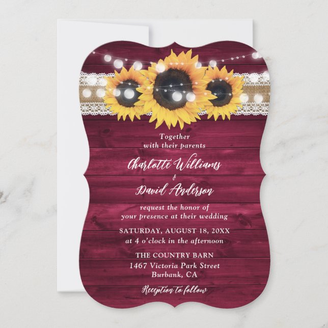 Convite Casamento Rustic Burgundy Sunflower Wood (Frente)