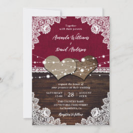 Convite Casamento Rustic Burgundy Wood Burlap Lace