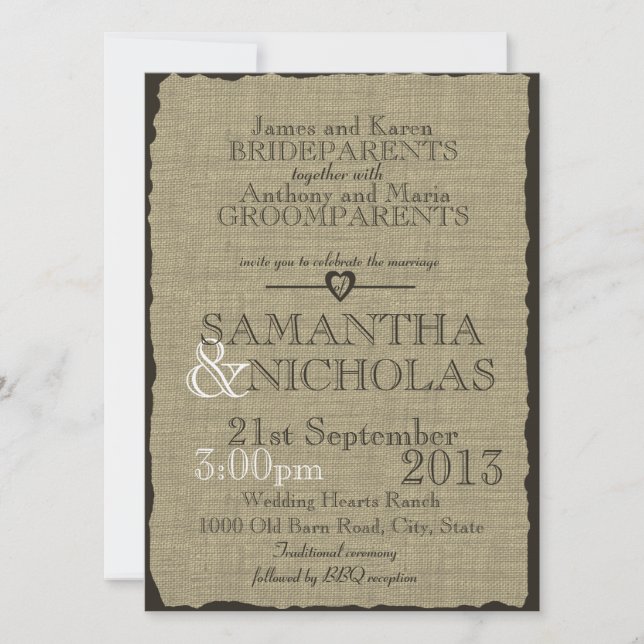 Convite Casamento Rustic Burlap (Frente)