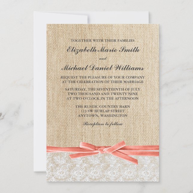 Convite Casamento Rustic Burlap Coral Ribbon (Frente)