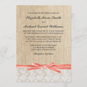 Convite Casamento Rustic Burlap Coral Ribbon