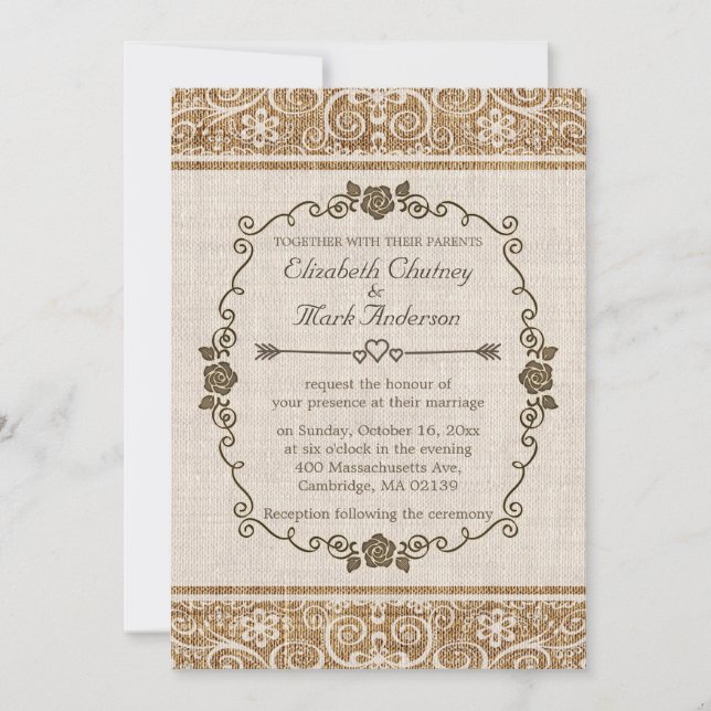 Convite Casamento Rustic Burlap Lace (Frente)