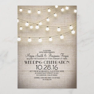 Convite Casamento Rustic Burlap Lace and String Lights