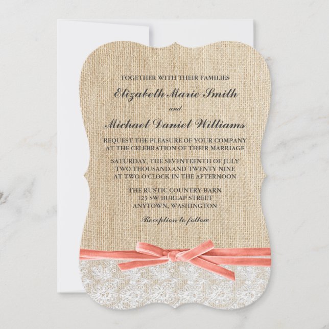 Convite Casamento Rustic Burlap Lace Coral Ribbon (Frente)