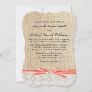 Convite Casamento Rustic Burlap Lace Coral Ribbon