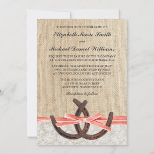 Convite Casamento Rustic Burlap Lace Horsfere Coral Ribbon