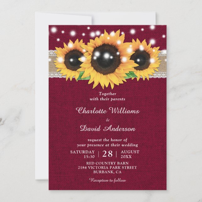 Convite Casamento Rustic Burlap Lace Sunflower Burgundy (Frente)