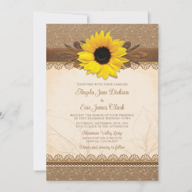 Convite Casamento Rustic Burlap Lace Wood Sunflower (Frente)