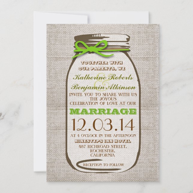 Convite Casamento Rustic Burlap Mason Jar (Frente)
