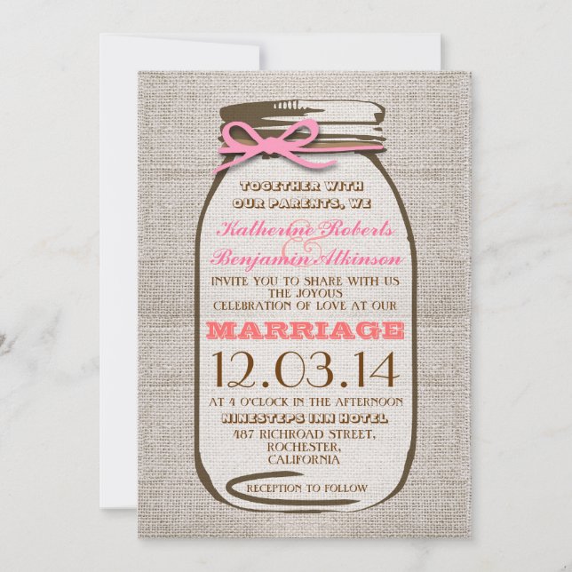 Convite Casamento Rustic Burlap Mason Jar (Frente)