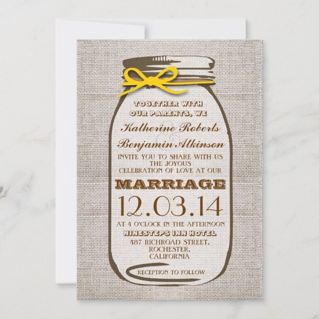 Convite Casamento Rustic Burlap Mason Jar (Frente)