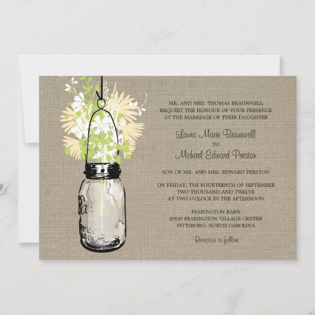 Convite Casamento Rustic Burlap Mason Jar e Flores Selvage (Frente)