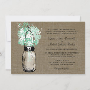 Convite Casamento Rustic Burlap Mason Jar e Flores Selvage