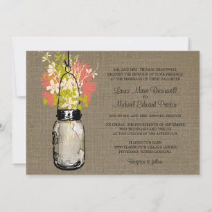Convite Casamento Rustic Burlap Mason Jar e Flores Selvage