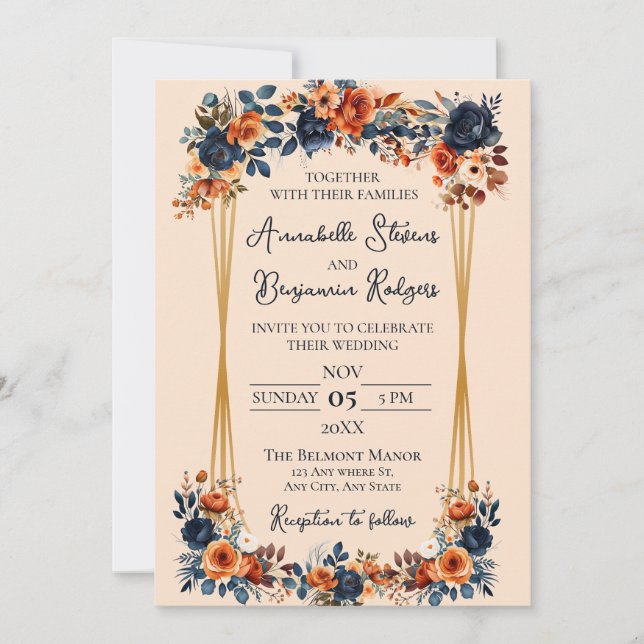 Convite Casamento Rustic Burnt Orange and Blue (Frente)