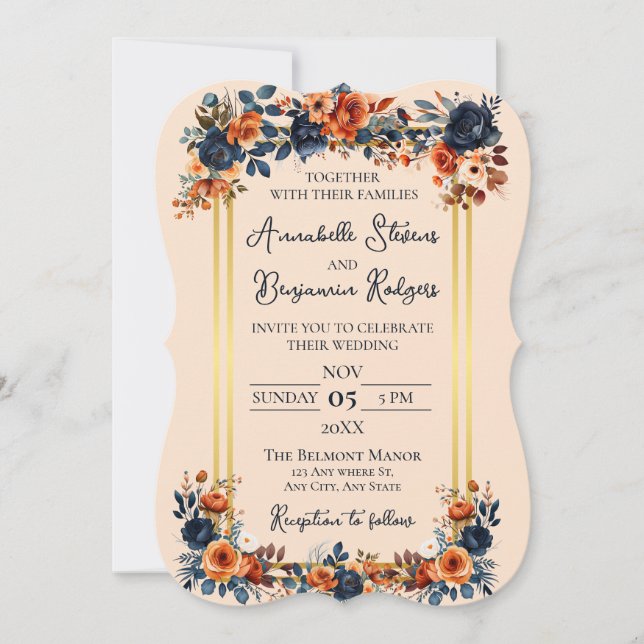 Convite Casamento Rustic Burnt Orange and Blue (Frente)