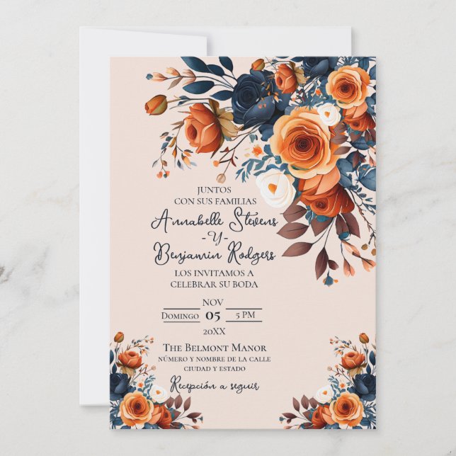 Convite Casamento Rustic Burnt Orange and Blue Spain (Frente)