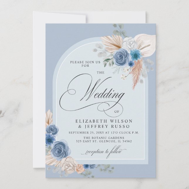 Convite Casamento Rustic Calliografia Boho Dusty Blue Pamp (Frente)