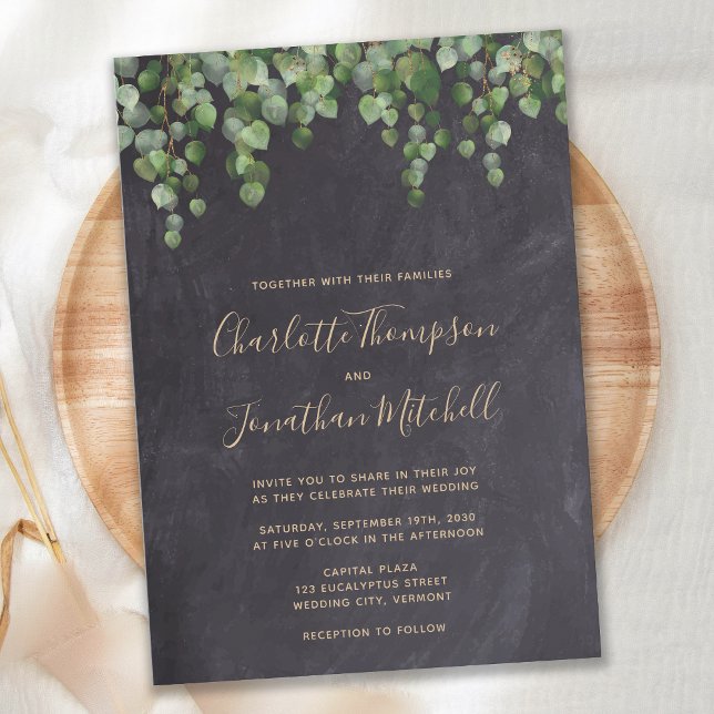 Convite Casamento Rustic Chalkboard Eucalyptus Greenery (Criador carregado)