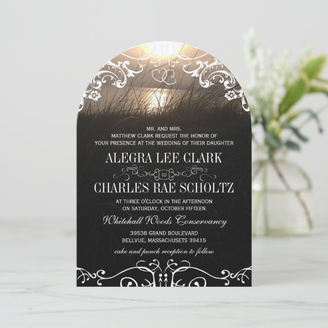 Convite Casamento Rustic Chalkboard Vintage Sunset (Em pé/Frente)