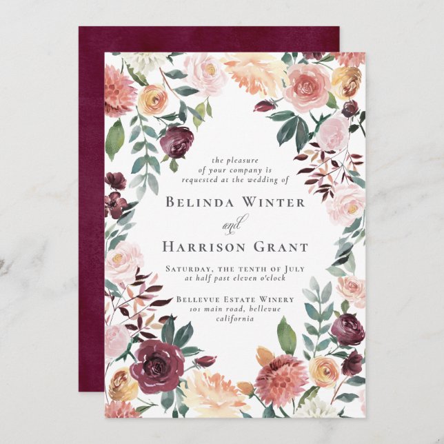 Convite Casamento Rustic Charm Burgundy Blush Floral Garde (Frente/Verso)