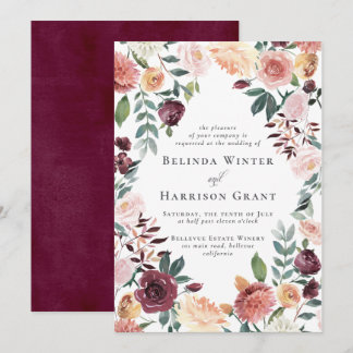 Convite Casamento Rustic Charm Burgundy Blush Floral Garde