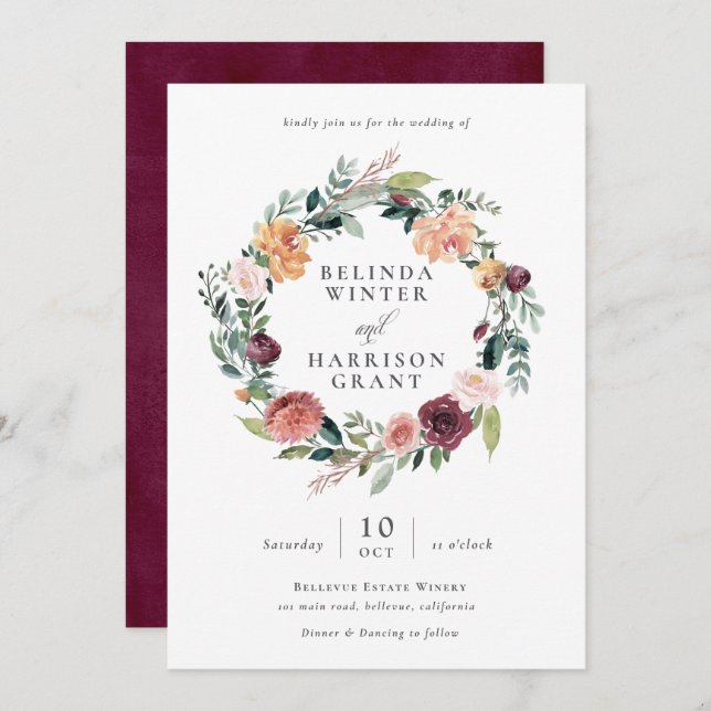 Convite Casamento Rustic Charm Burgundy Blush Floral Wreat (Frente/Verso)