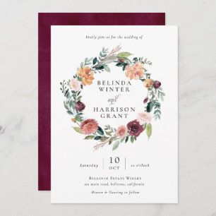 Convite Casamento Rustic Charm Burgundy Blush Floral Wreat