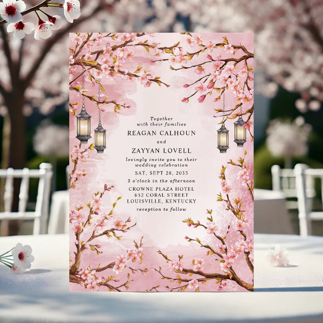 Convite Casamento Rustic Cherry Blossom Lantern (Criador carregado)