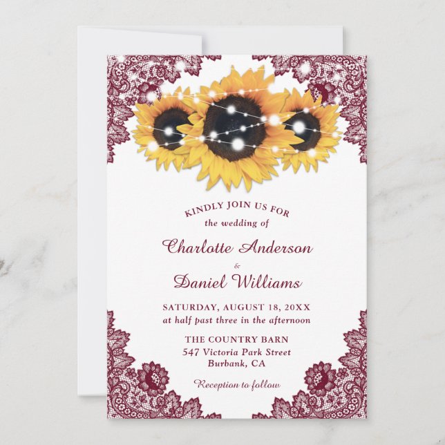 Convite Casamento Rustic Chic Burgundy Lace Sunflower (Frente)