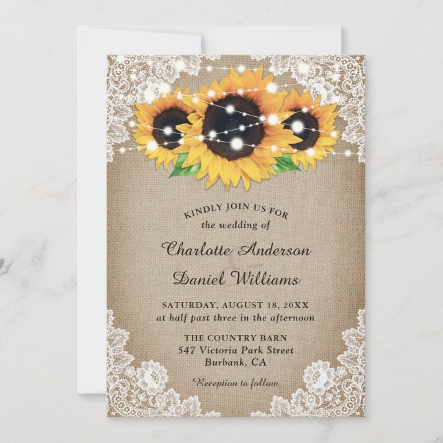 Convite Casamento Rustic Chic Burlap e Lace Sunflower (Frente)