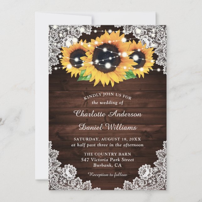 Convite Casamento Rustic Chic Country Wood Lace Sunflower (Frente)