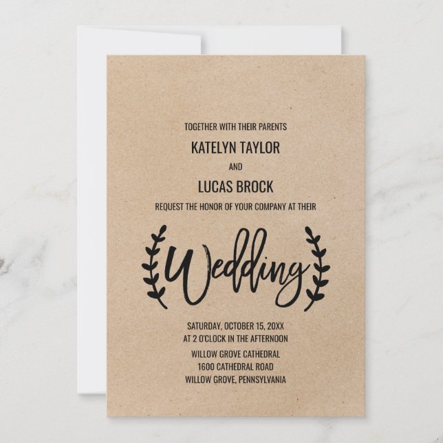 Convite Casamento Rustic Chic Faux Kraft Calliografia (Frente)