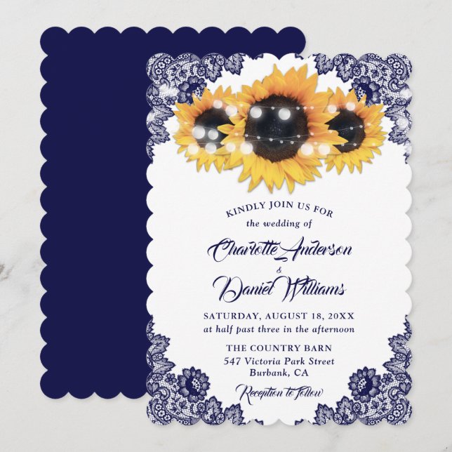 Convite Casamento Rustic Chic Marinho Blue Lace Sunflower (Frente/Verso)