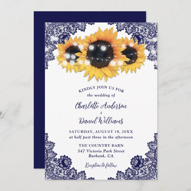 Convite Casamento Rustic Chic Marinho Blue Lace Sunflower (Frente/Verso)