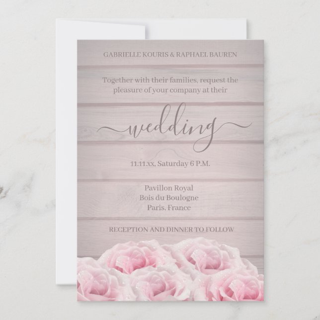 Convite Casamento Rustic Chic Real Pink Roses Madeira Plan (Frente)