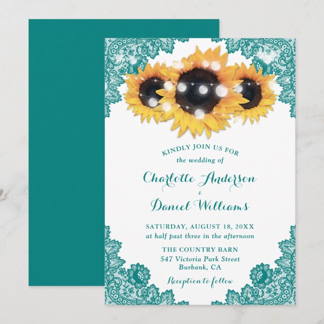 Convite Casamento Rustic Chic Teal Lace Sunflower (Frente/Verso)