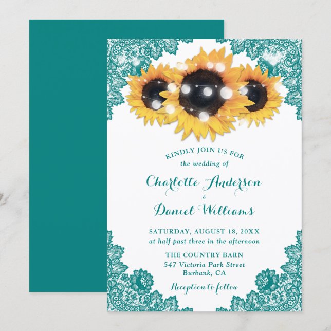 Convite Casamento Rustic Chic Teal Lace Sunflower (Frente/Verso)