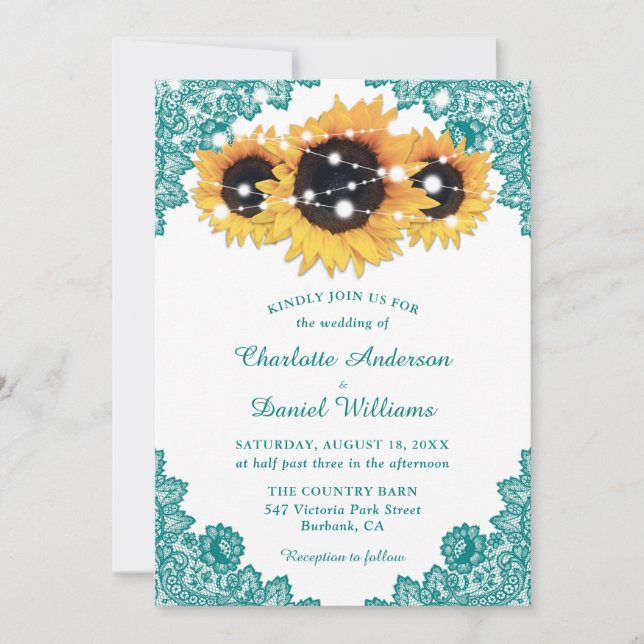 Convite Casamento Rustic Chic Teal Lace Sunflower (Frente)