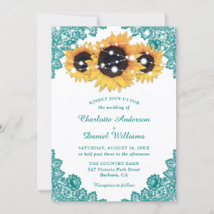 Convite Casamento Rustic Chic Teal Lace Sunflower