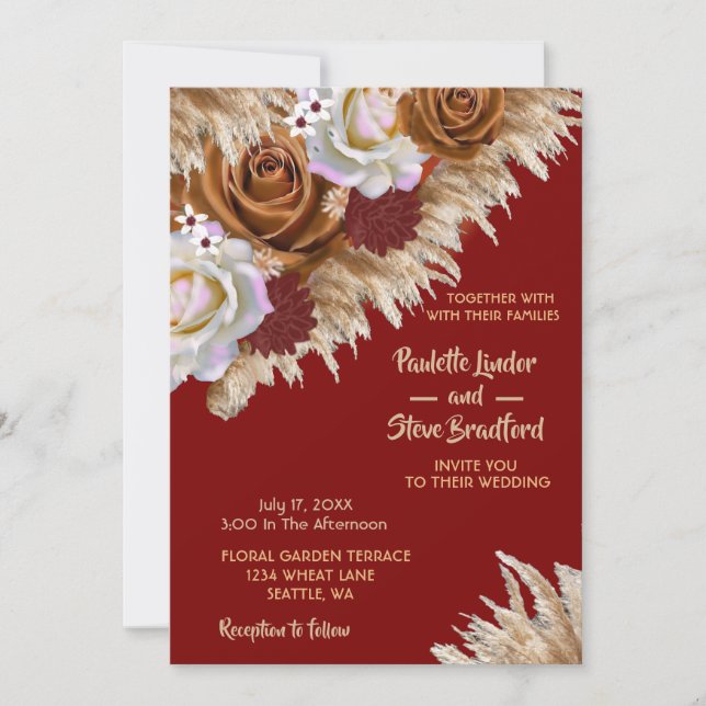 Convite Casamento Rustic Cinnamon Rosa Wildflower Burgundy (Frente)