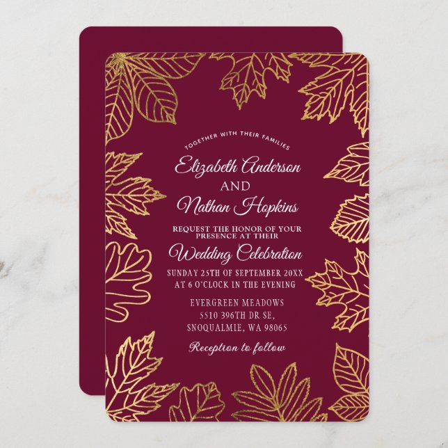 Convite Casamento Rustic Classy Dourado Cranberry Autumn D (Frente/Verso)