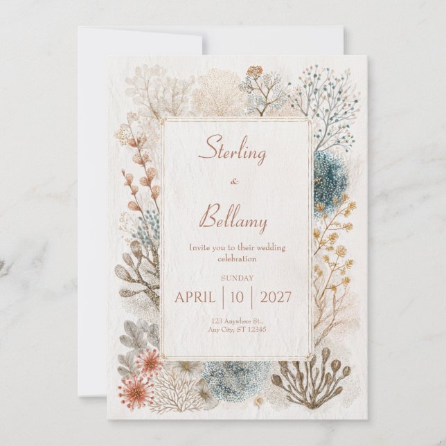 Convite Casamento Rustic Coastal Folk Art (Frente)