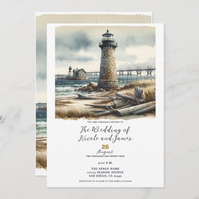 Convite Casamento Rustic Coastal Lighthouse Seaside Beach (Frente/Verso)