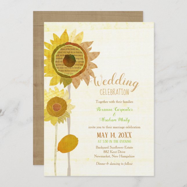 Convite Casamento Rustic Collage Sunflower (Frente/Verso)