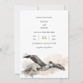 Convite Casamento Rustic Costal Pelican Watercolor Beach